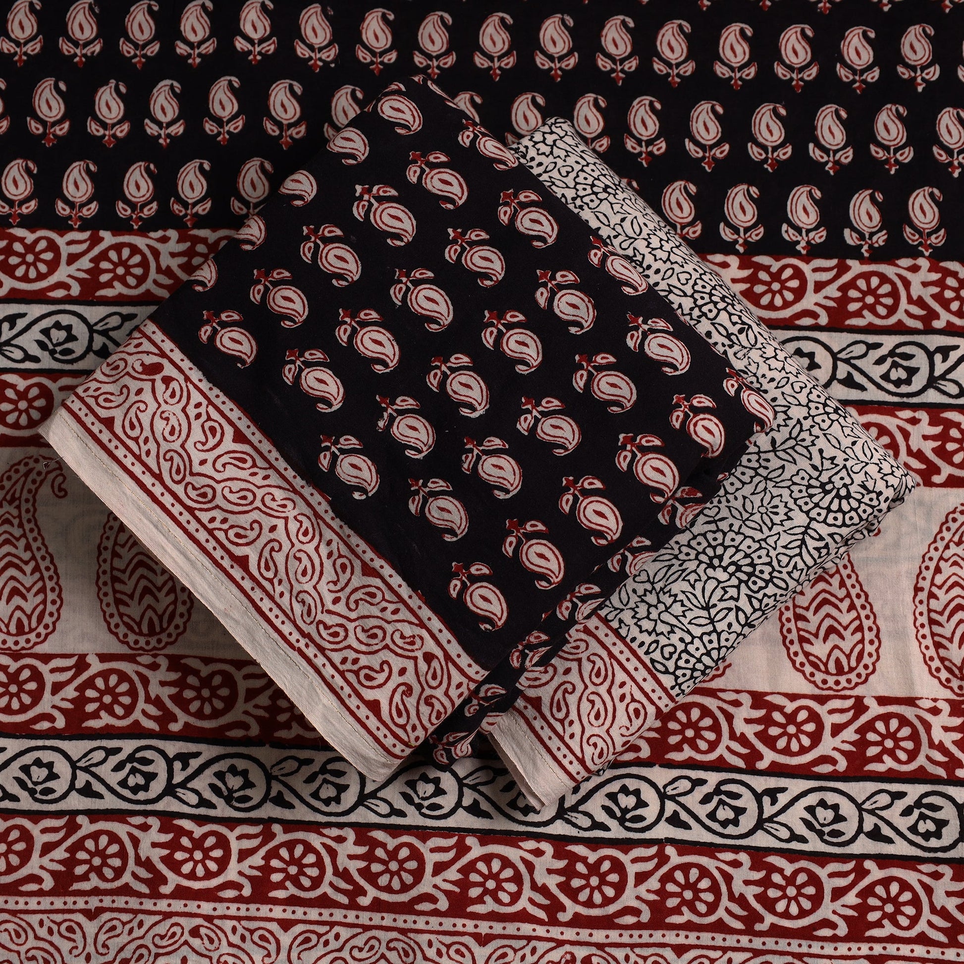 Black - 3pc Bagh Print Cotton Dress Material Set