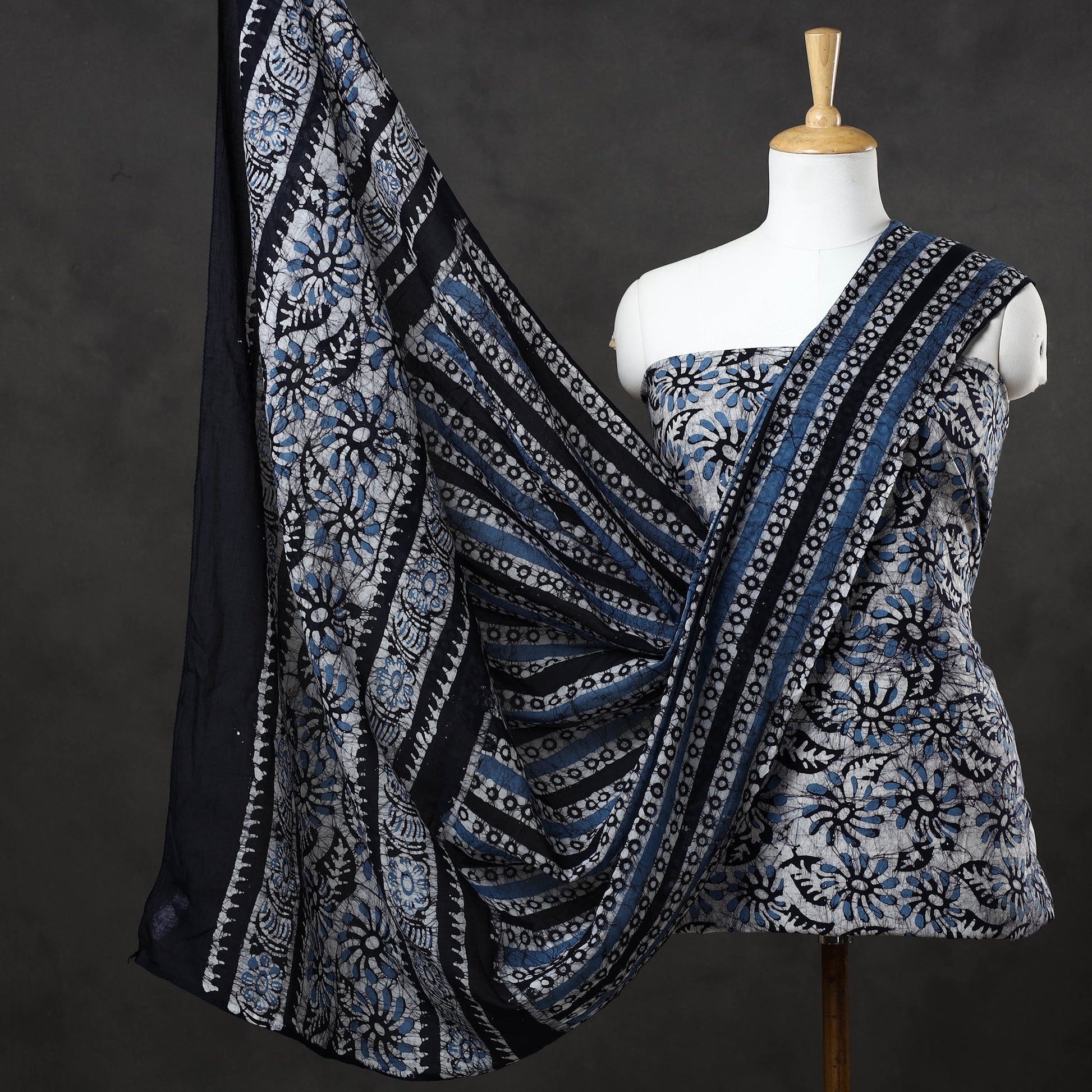 Blue - 3pc Cotton Kutch Batik Print Dress Material