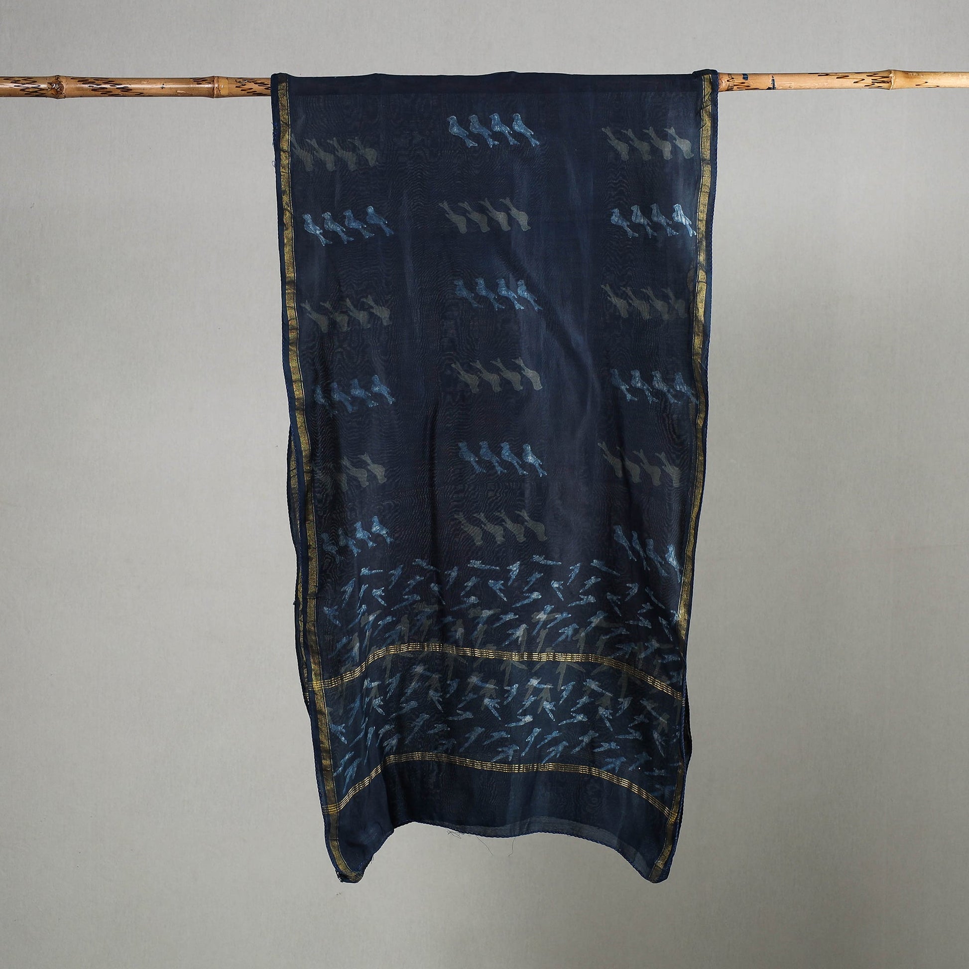 Blue - Akola Block Printed Chanderi Silk Handloom Stole with Zari Border