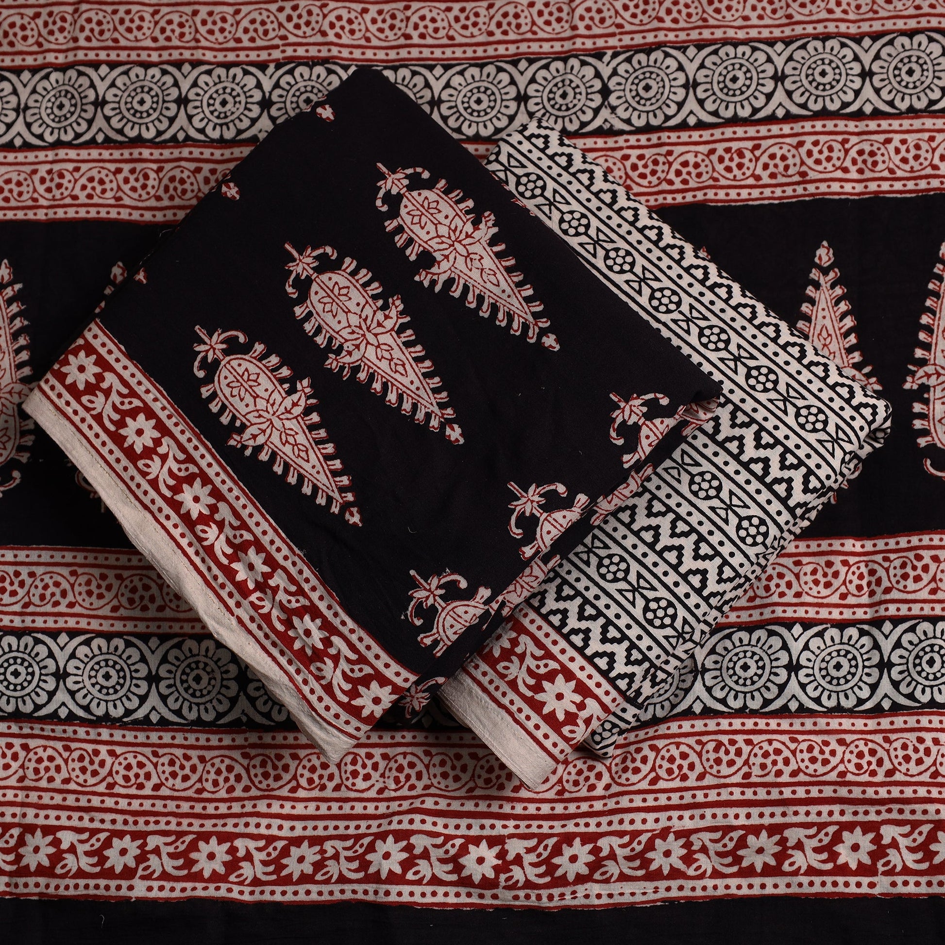 Black - 3pc Bagh Print Cotton Dress Material Set