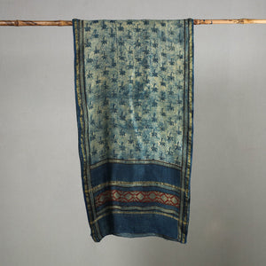 Blue - Akola Block Printed Chanderi Silk Handloom Stole with Zari Border