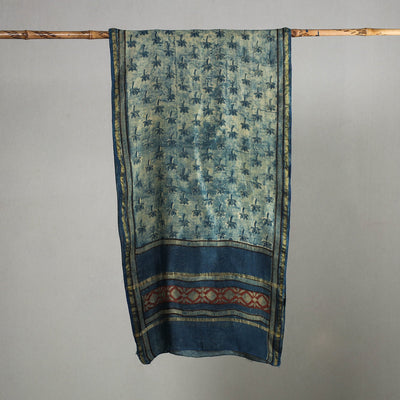 Blue - Akola Block Printed Chanderi Silk Handloom Stole with Zari Border