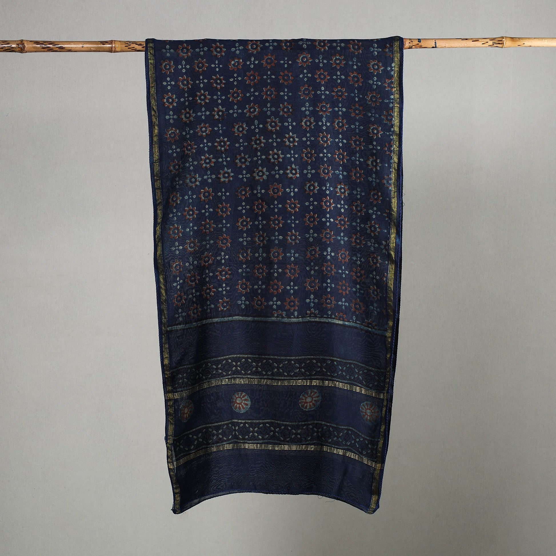 Blue - Akola Block Printed Chanderi Silk Handloom Stole with Zari Border