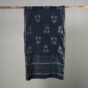 Blue - Akola Block Printed Chanderi Silk Handloom Stole with Zari Border