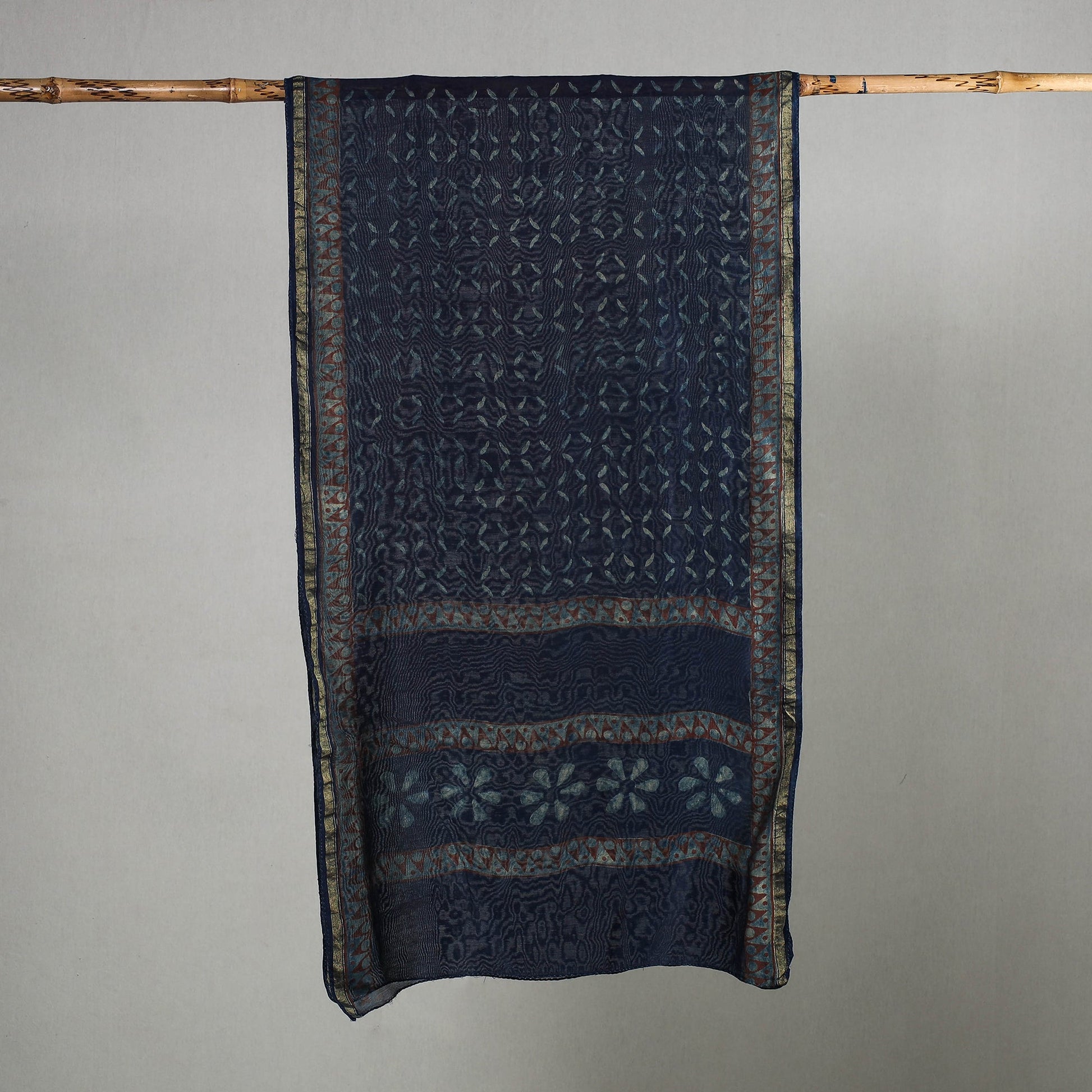 Blue - Akola Block Printed Chanderi Silk Handloom Stole with Zari Border
