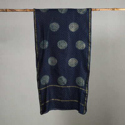 Blue - Akola Block Printed Chanderi Silk Handloom Stole with Zari Border