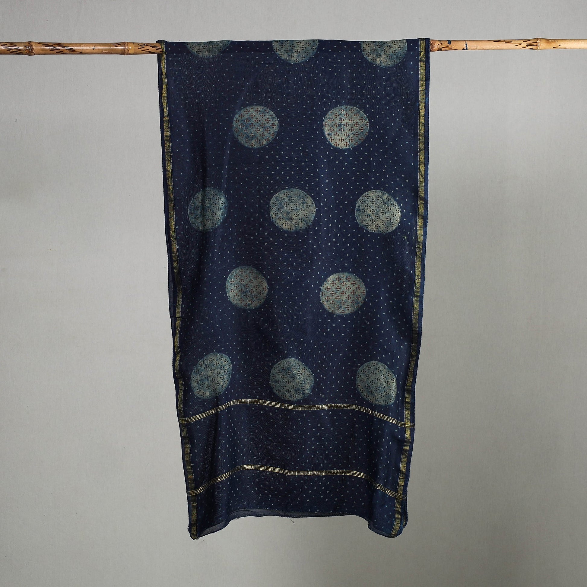 Blue - Akola Block Printed Chanderi Silk Handloom Stole with Zari Border