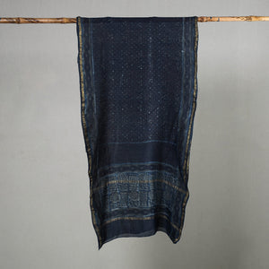Blue - Akola Block Printed Chanderi Silk Handloom Stole with Zari Border