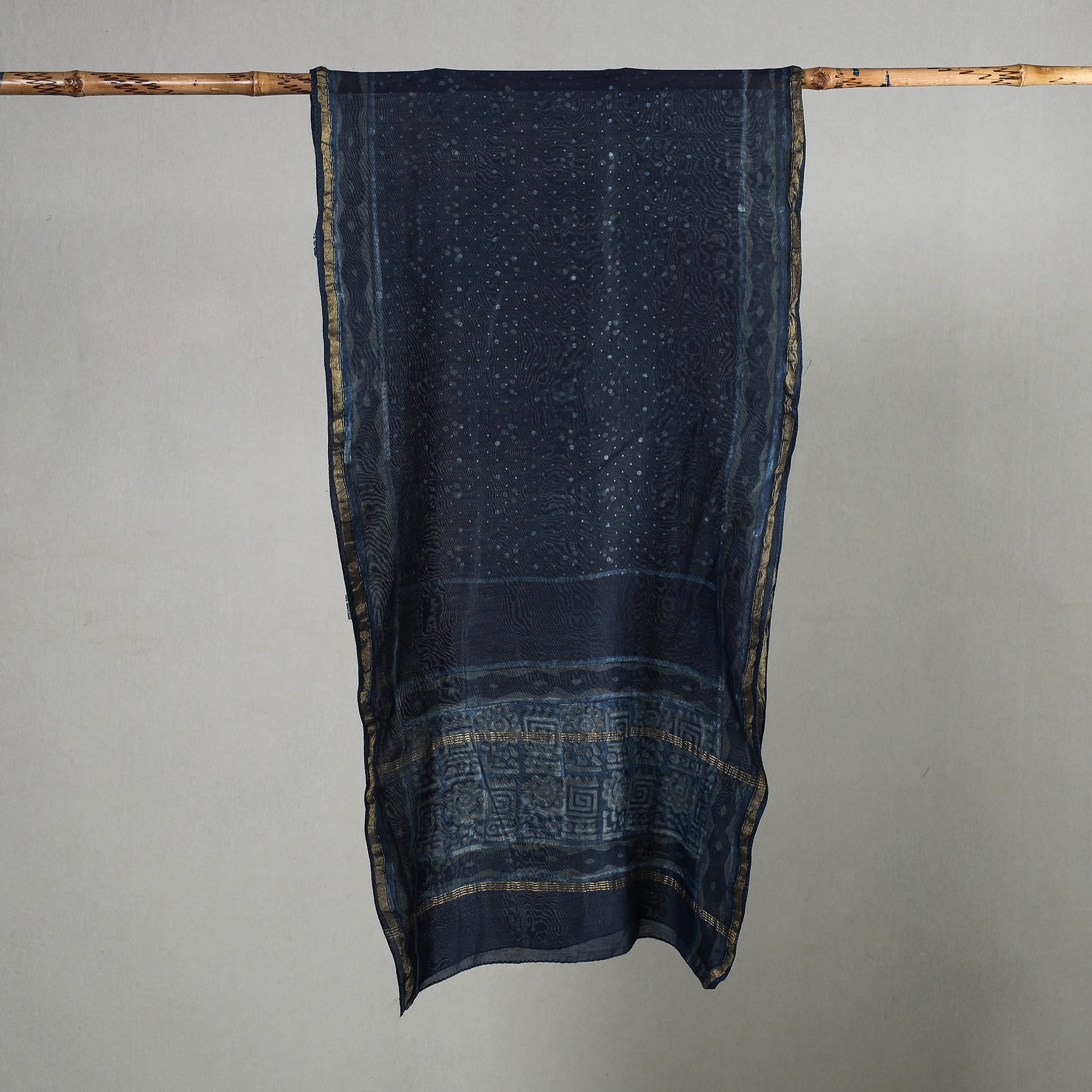 Blue - Akola Block Printed Chanderi Silk Handloom Stole with Zari Border