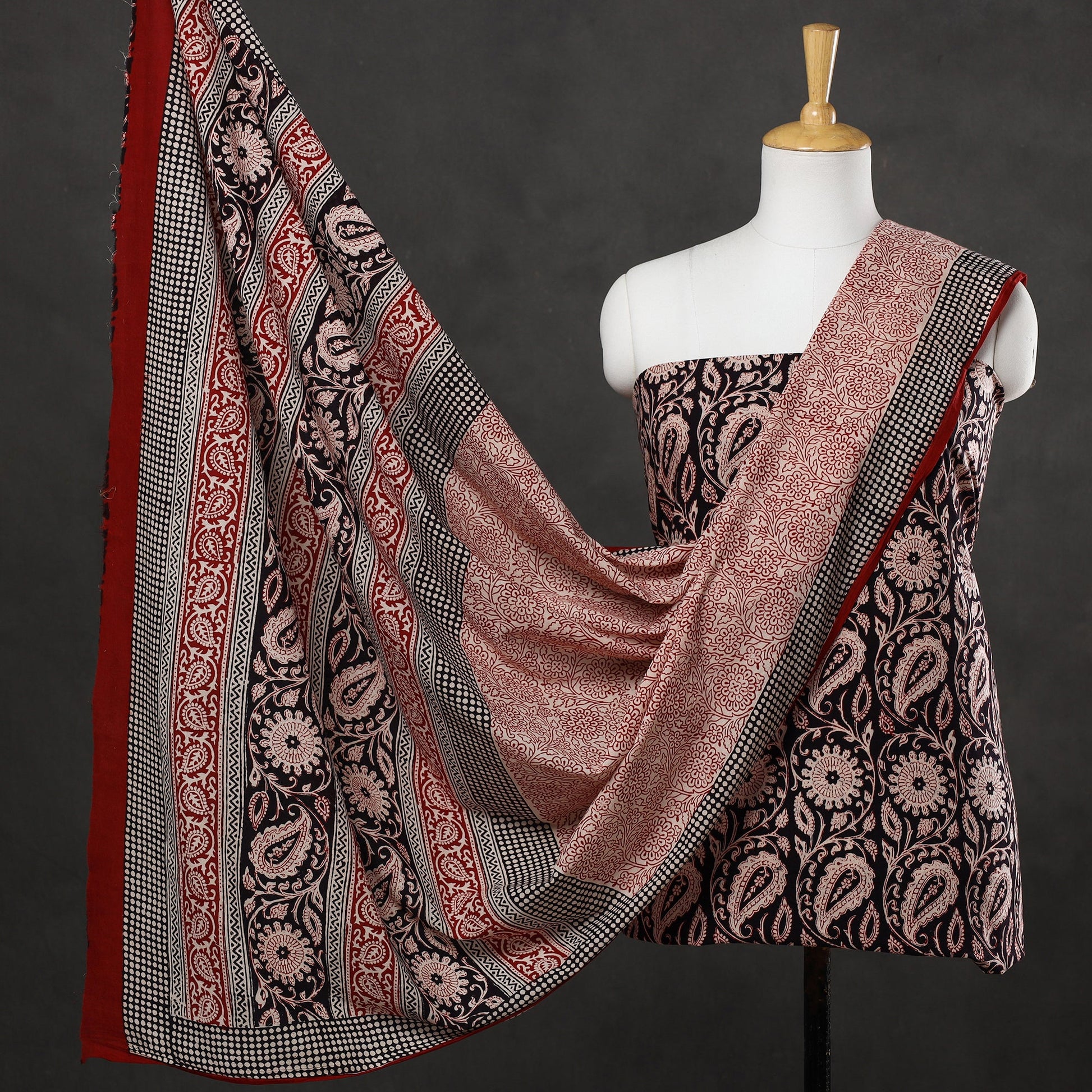 Black - 3pc Bagh Print Cotton Dress Material Set
