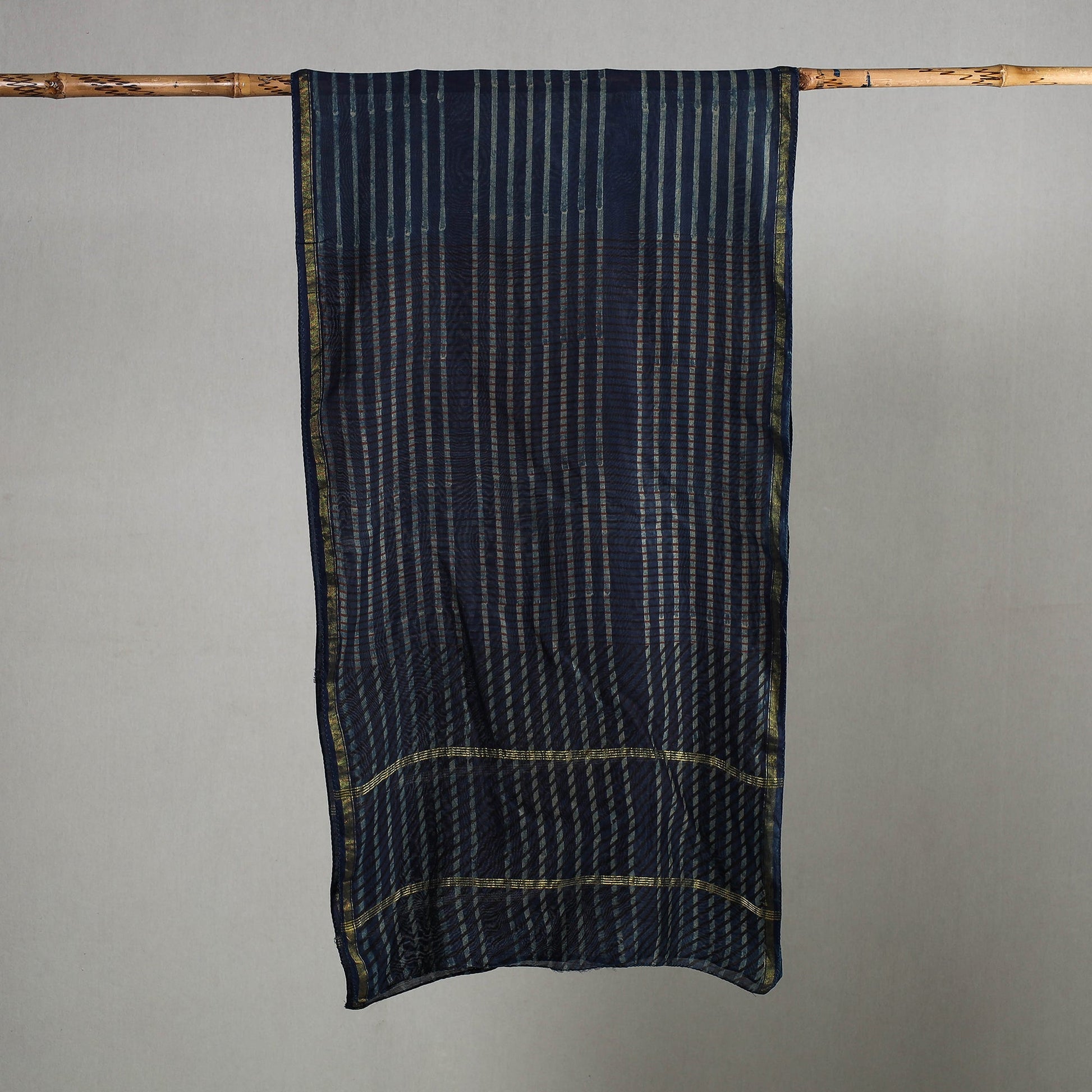 Blue - Akola Block Printed Chanderi Silk Handloom Stole with Zari Border