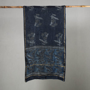 Blue - Akola Block Printed Chanderi Silk Handloom Stole with Zari Border