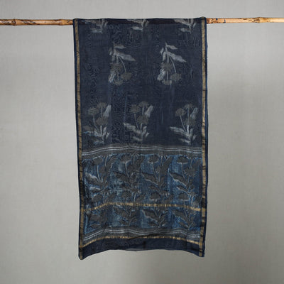 Blue - Akola Block Printed Chanderi Silk Handloom Stole with Zari Border