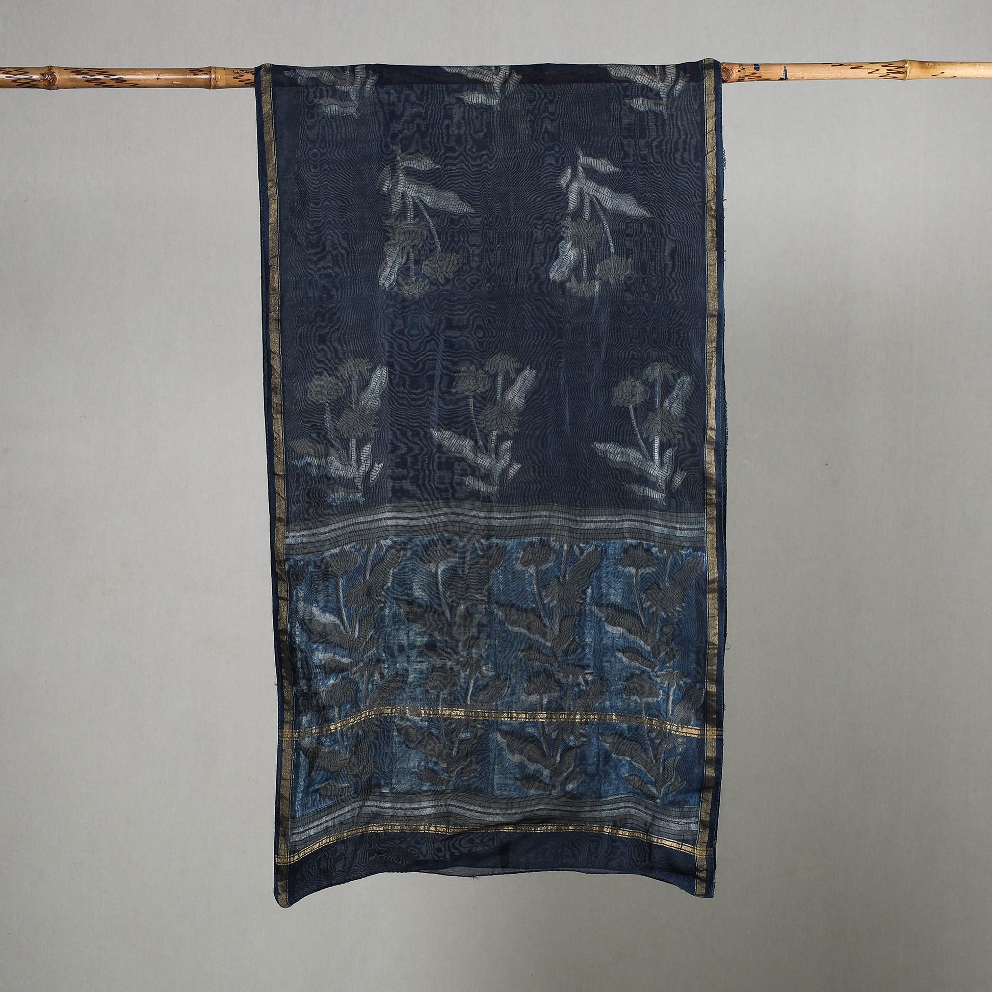 Blue - Akola Block Printed Chanderi Silk Handloom Stole with Zari Border