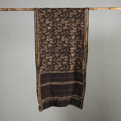 Brown - Akola Block Printed Chanderi Silk Handloom Stole with Zari Border