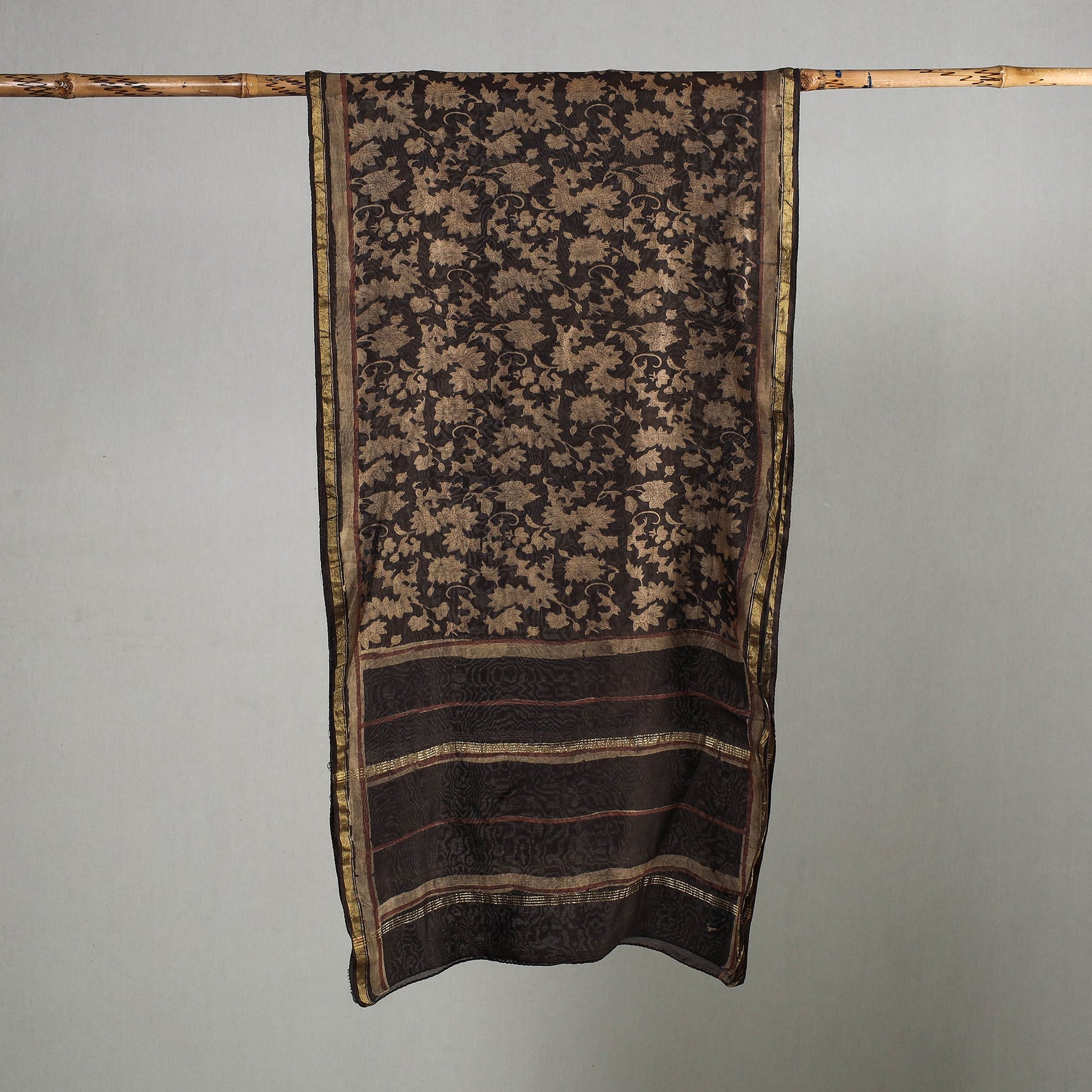 Brown - Akola Block Printed Chanderi Silk Handloom Stole with Zari Border