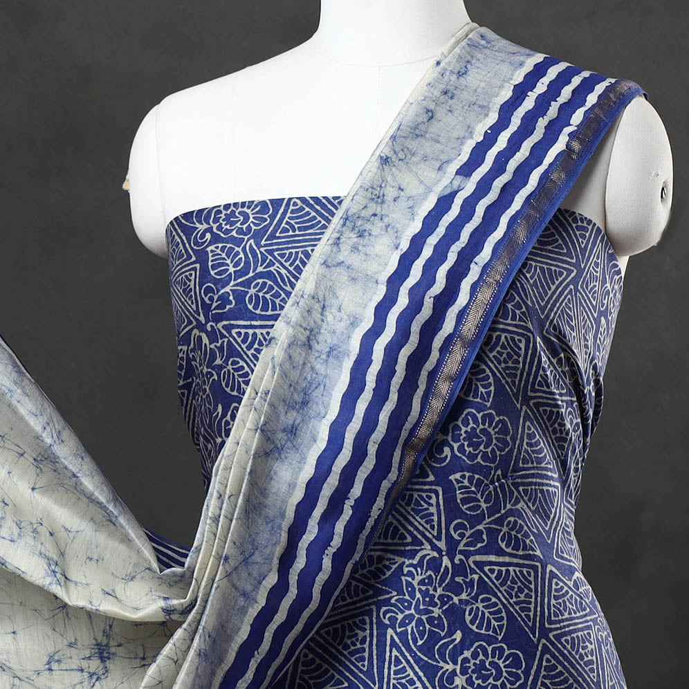 Blue - 2pc Maheshwari Silk Hand Batik Print Dress Material