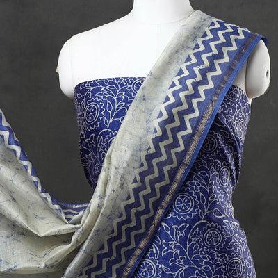 Blue - 2pc Maheshwari Silk Hand Batik Print Dress Material