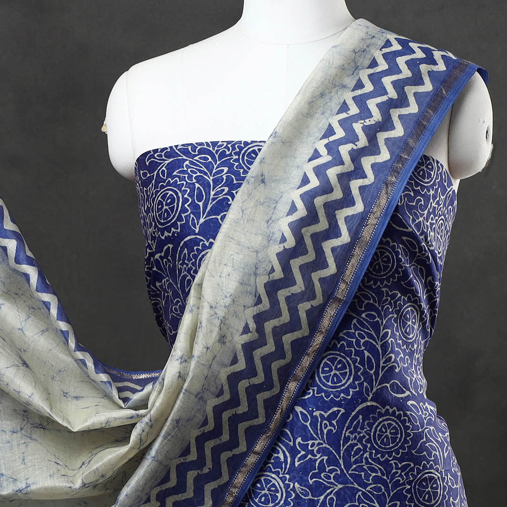 Blue - 2pc Maheshwari Silk Hand Batik Print Dress Material