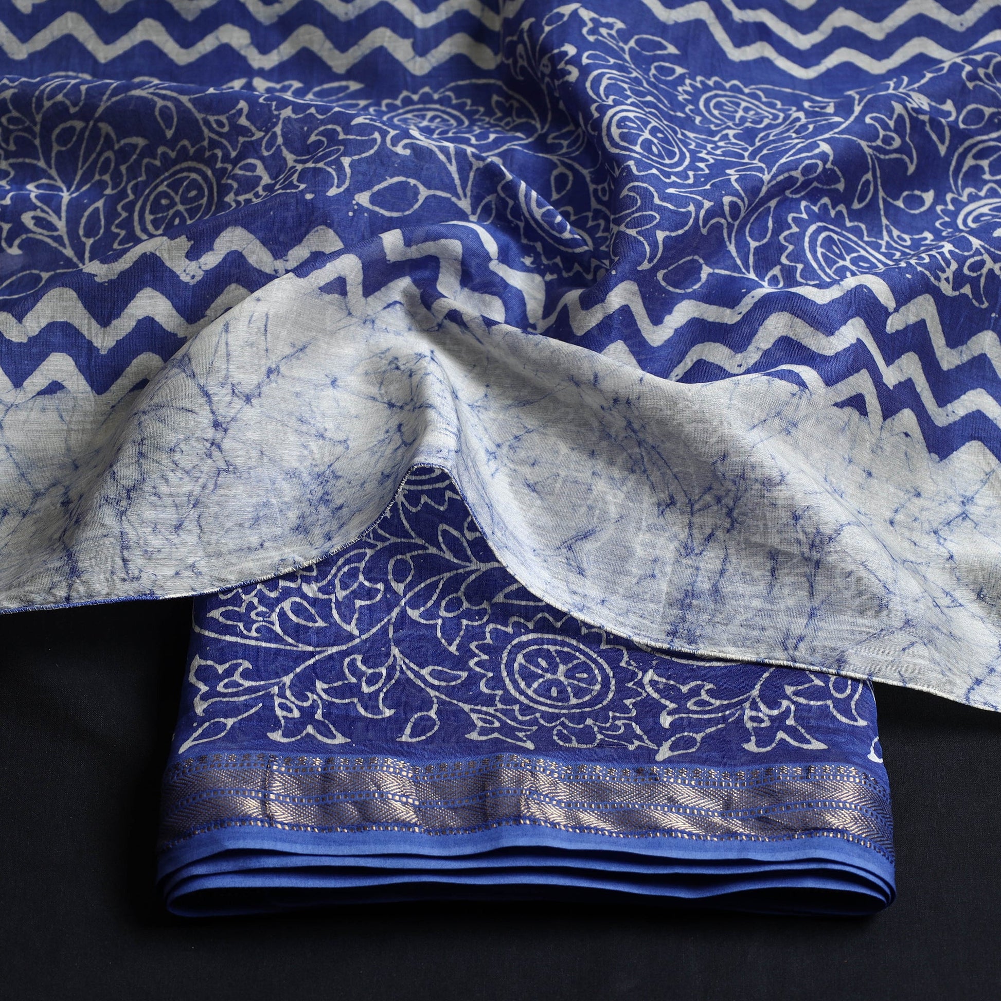 Blue - 2pc Maheshwari Silk Hand Batik Print Dress Material