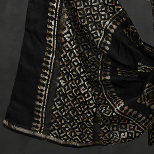 Black - 3pc Chanderi Silk Hand Batik Print Dress Material