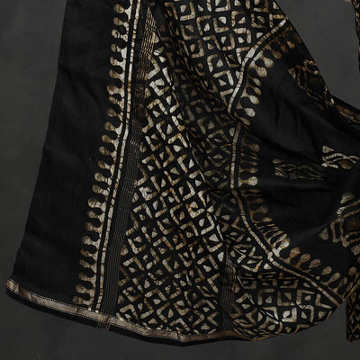 Black - 3pc Chanderi Silk Hand Batik Print Dress Material