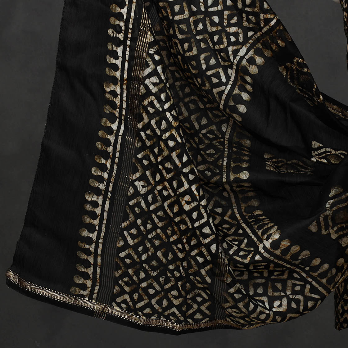 Black - 3pc Chanderi Silk Hand Batik Print Dress Material