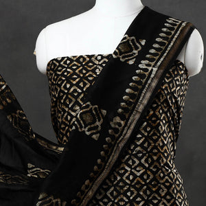 Black - 3pc Chanderi Silk Hand Batik Print Dress Material