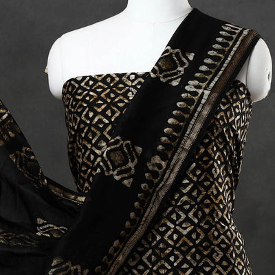 Black - 3pc Chanderi Silk Hand Batik Print Dress Material