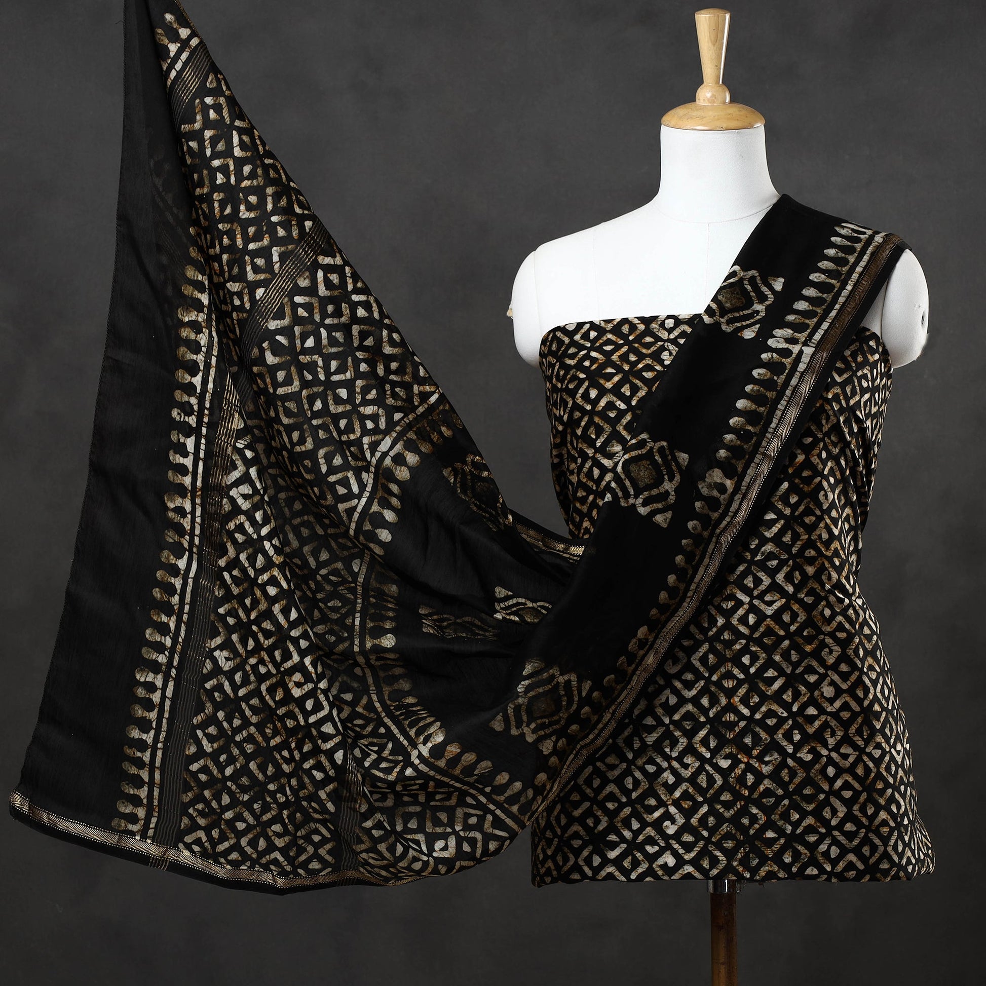 Black - 3pc Chanderi Silk Hand Batik Print Dress Material