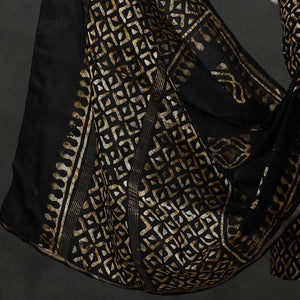 Black - 3pc Chanderi Silk Hand Batik Print Dress Material