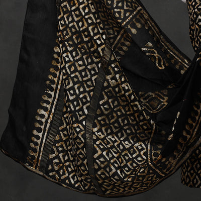 Black - 3pc Chanderi Silk Hand Batik Print Dress Material