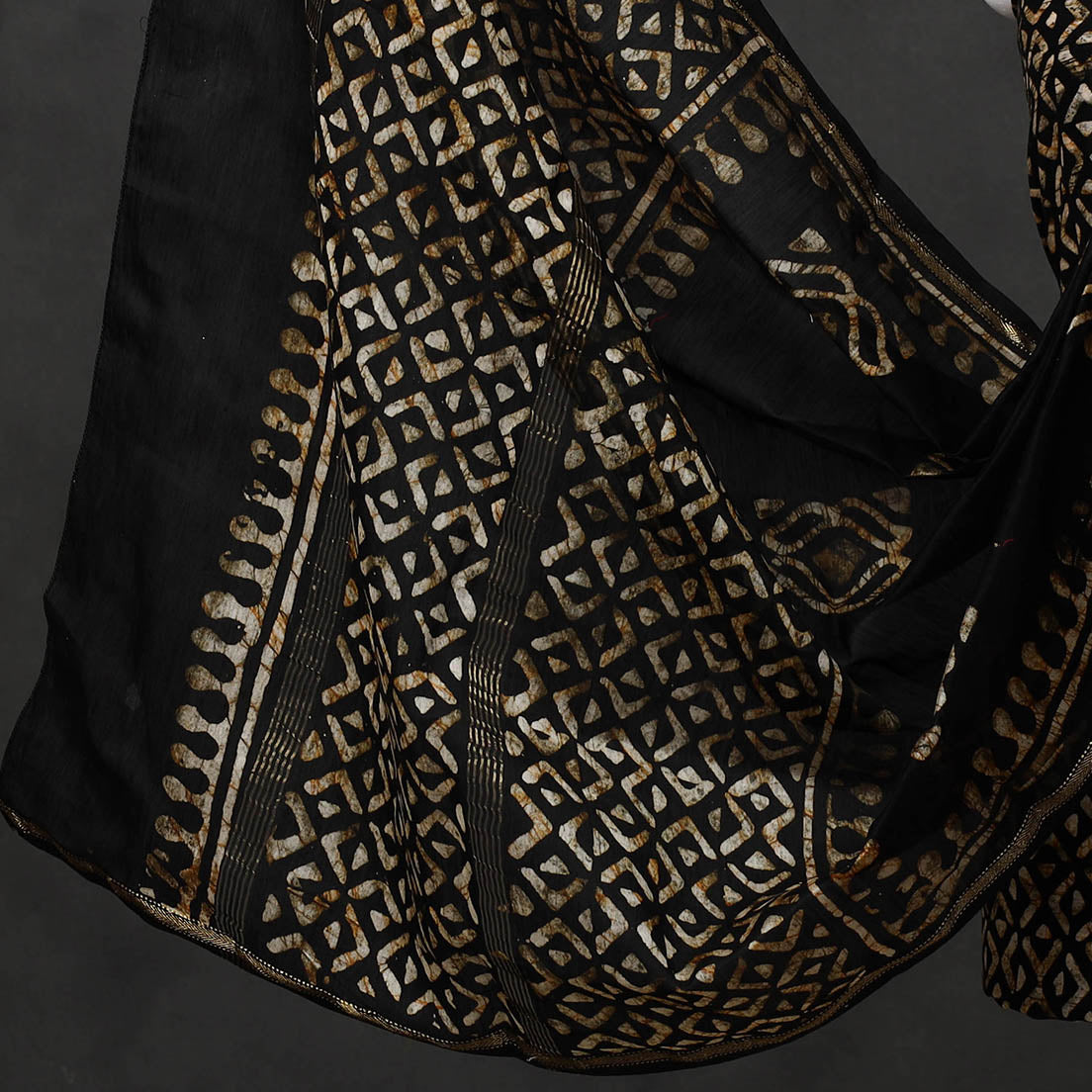 Black - 3pc Chanderi Silk Hand Batik Print Dress Material