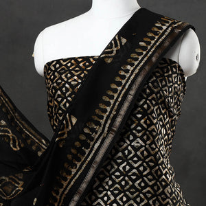 Black - 3pc Chanderi Silk Hand Batik Print Dress Material