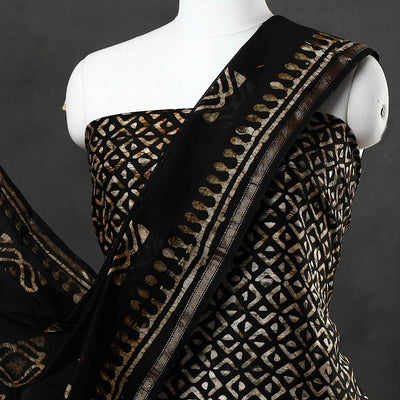 Black - 3pc Chanderi Silk Hand Batik Print Dress Material