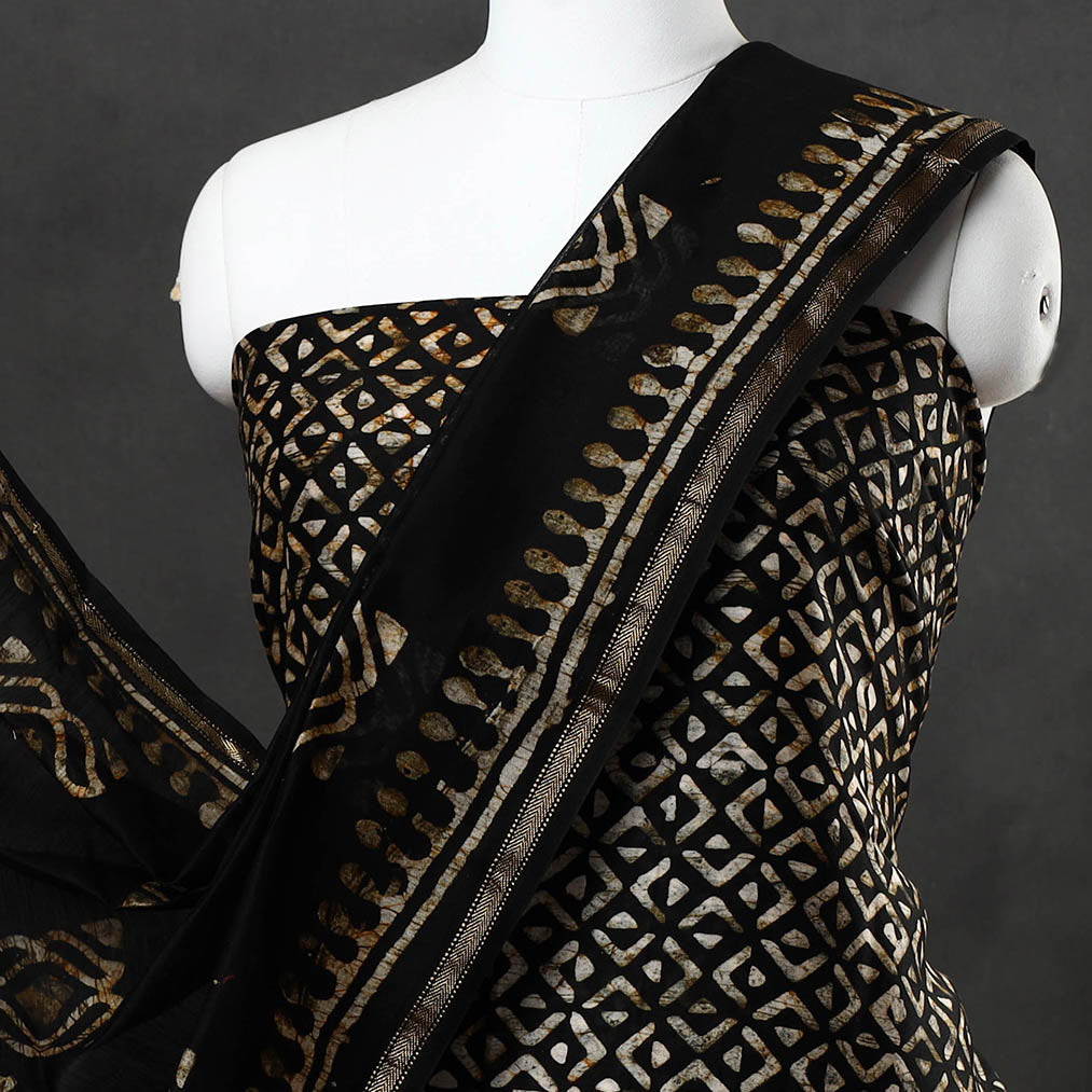 Black - 3pc Chanderi Silk Hand Batik Print Dress Material