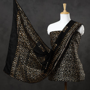 Black - 3pc Chanderi Silk Hand Batik Print Dress Material