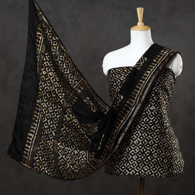 Black - 3pc Chanderi Silk Hand Batik Print Dress Material