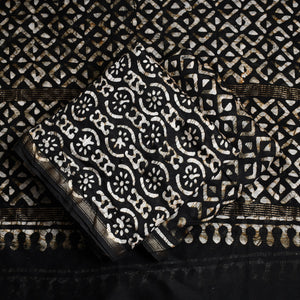 Black - 3pc Chanderi Silk Hand Batik Print Dress Material