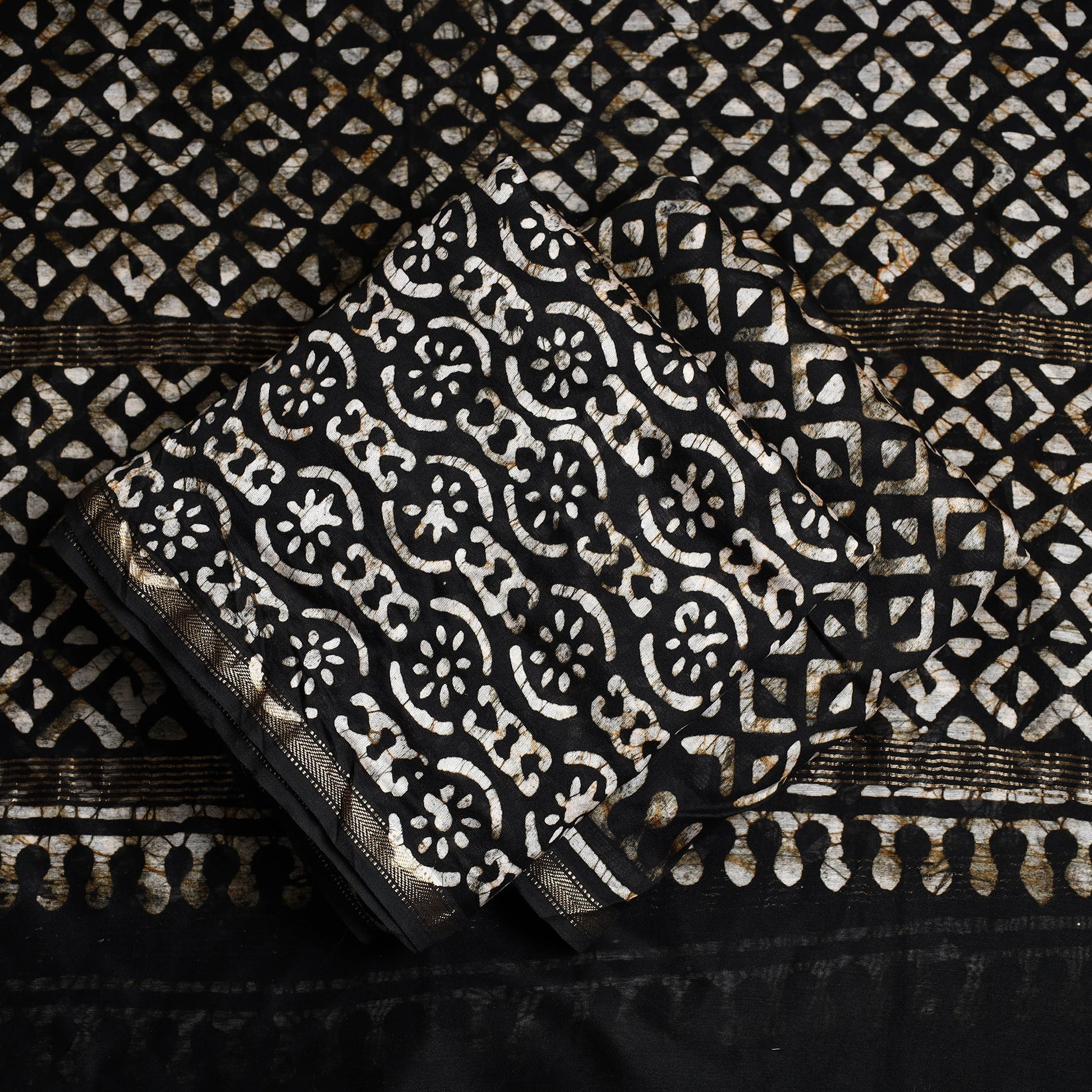 Black - 3pc Chanderi Silk Hand Batik Print Dress Material