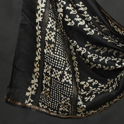 Black - 3pc Chanderi Silk Hand Batik Print Dress Material