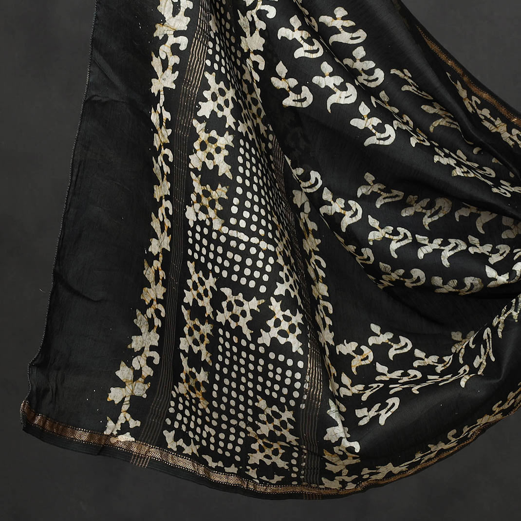 Black - 3pc Chanderi Silk Hand Batik Print Dress Material