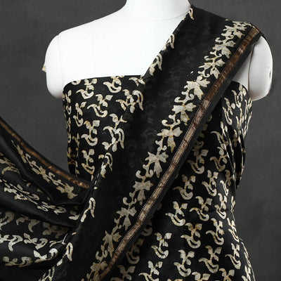 Black - 3pc Chanderi Silk Hand Batik Print Dress Material