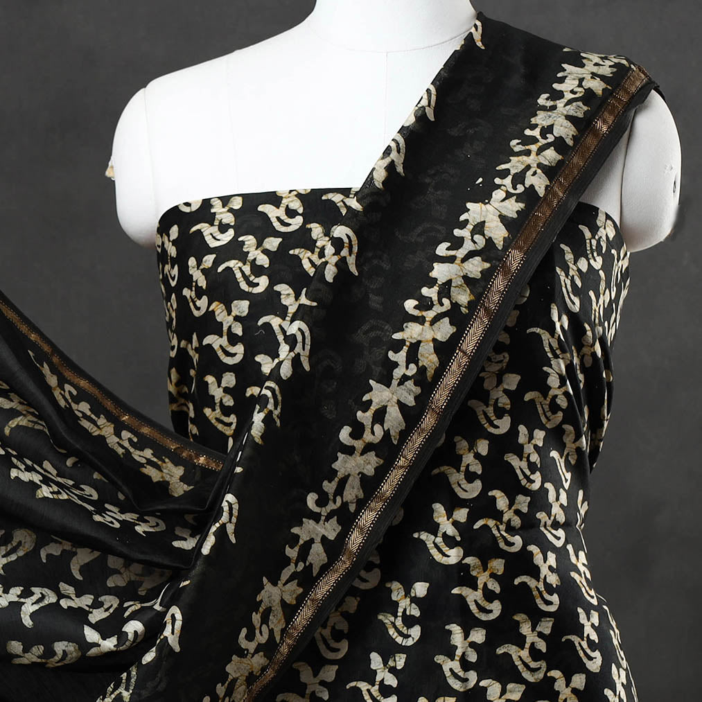 Black - 3pc Chanderi Silk Hand Batik Print Dress Material
