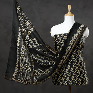 Black - 3pc Chanderi Silk Hand Batik Print Dress Material