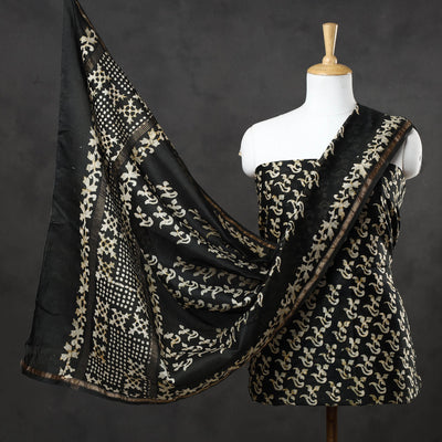 Black - 3pc Chanderi Silk Hand Batik Print Dress Material