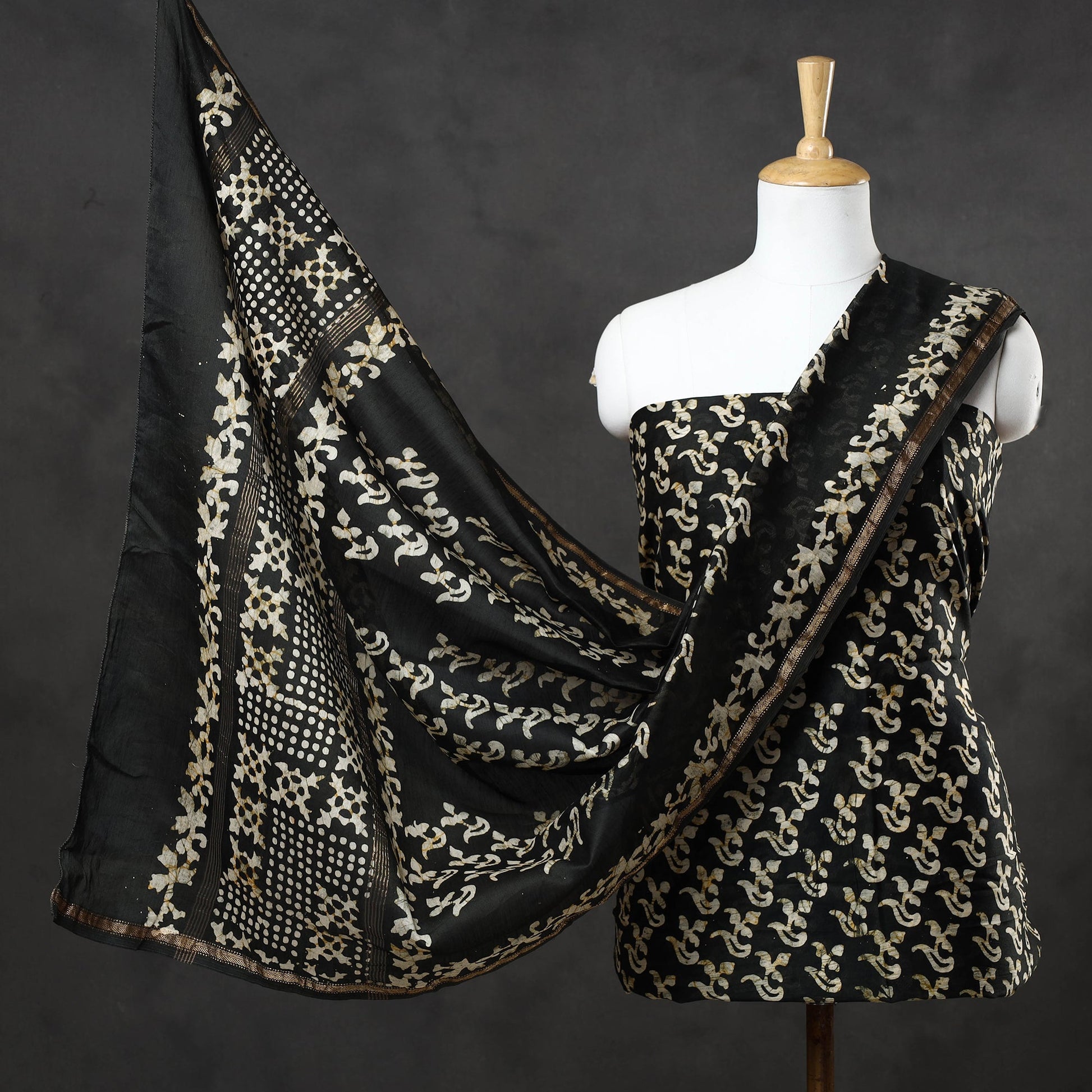 Black - 3pc Chanderi Silk Hand Batik Print Dress Material