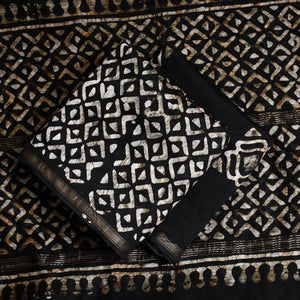 Black - 3pc Chanderi Silk Hand Batik Print Dress Material