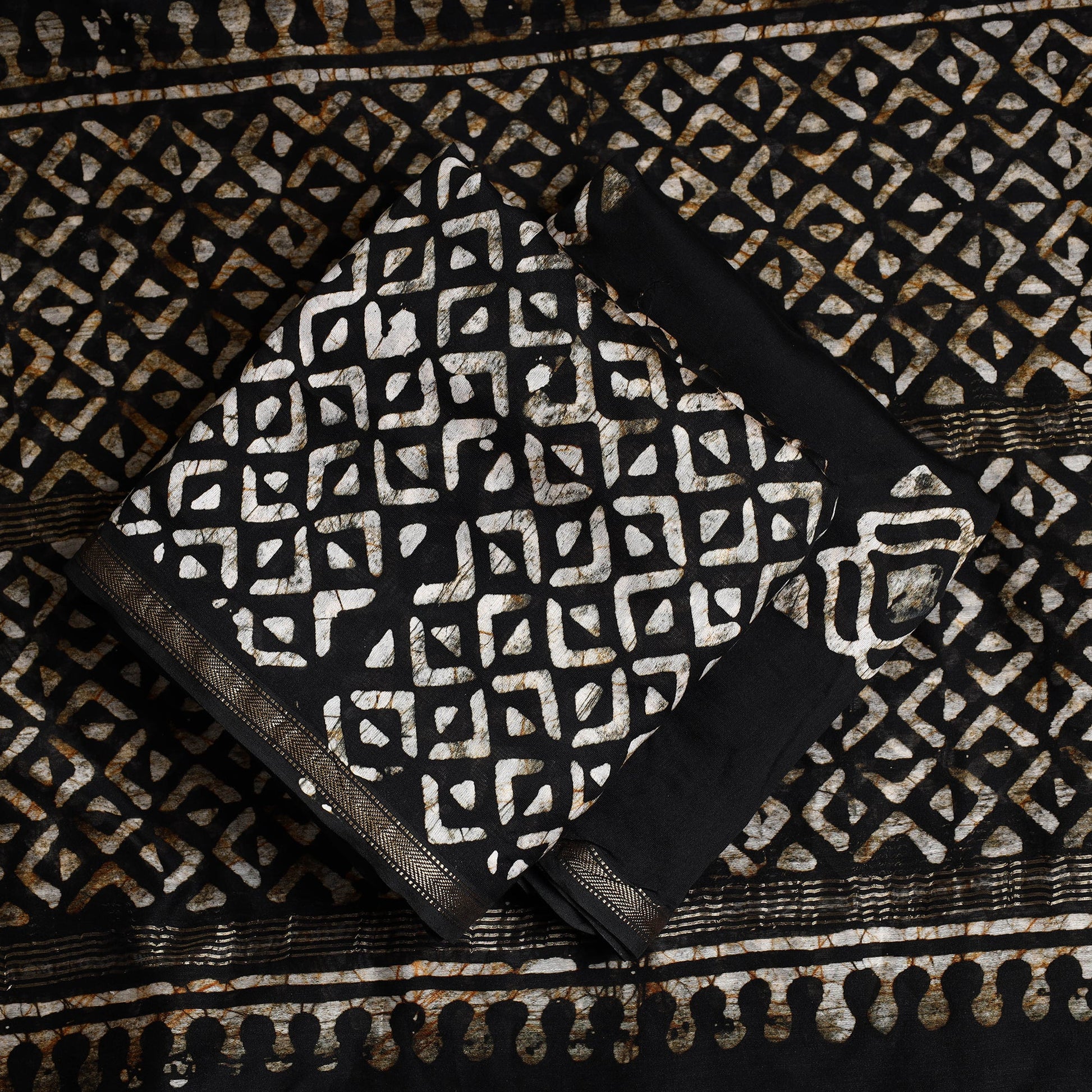 Black - 3pc Chanderi Silk Hand Batik Print Dress Material