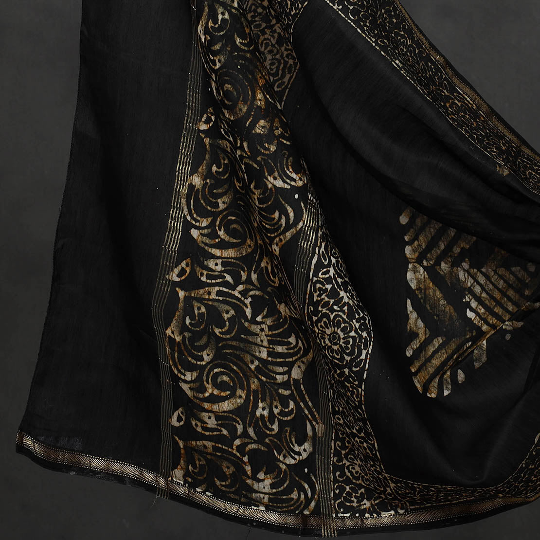 Black - 3pc Hand Batik Printed Chanderi Silk Suit Material Set